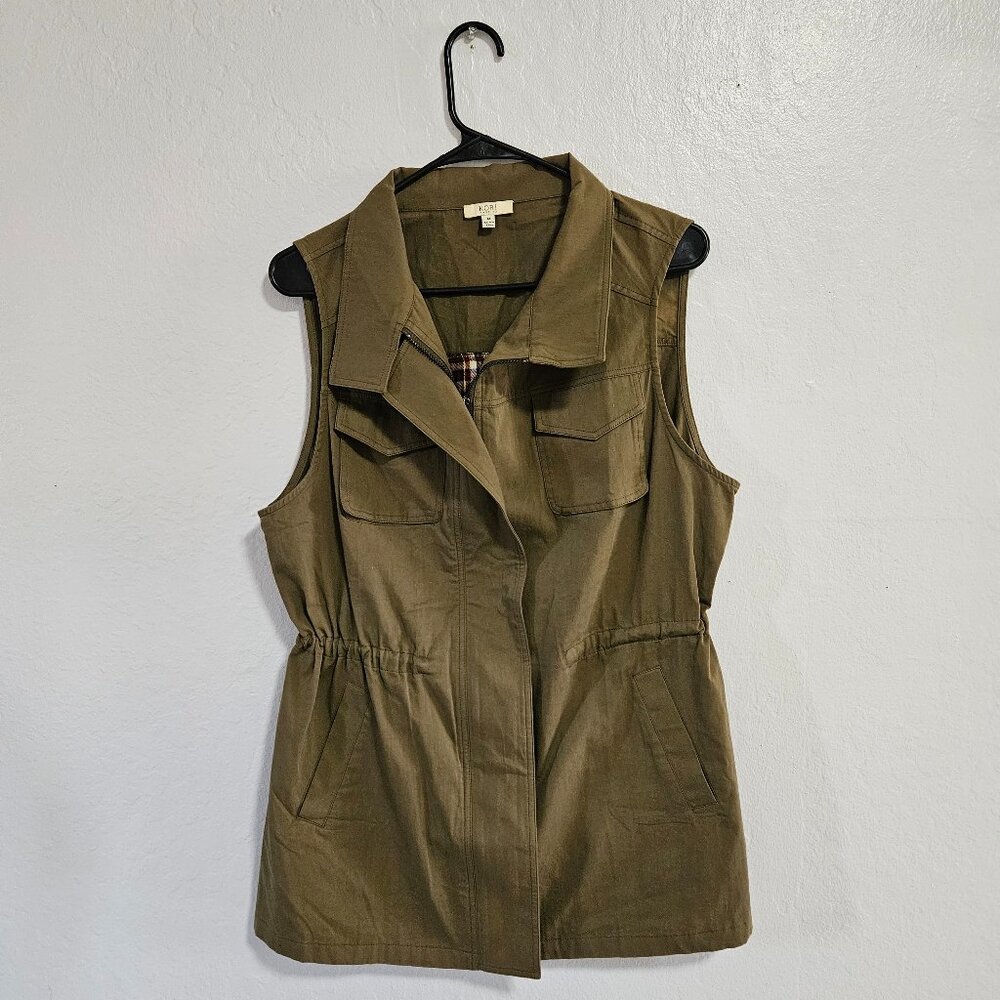 Women's Kori America Olive Green Plaid Vest